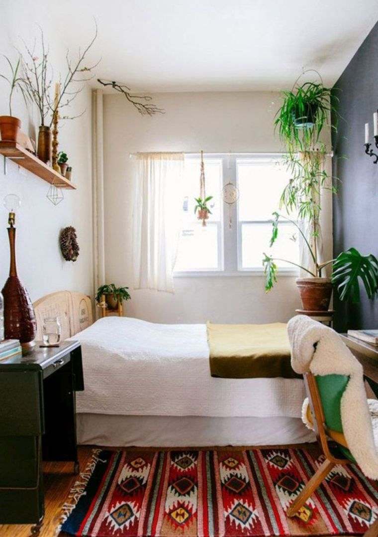 suaugusiųjų miegamojo dekoro idėja boho prašmatnaus stiliaus žalių augalų interiuer