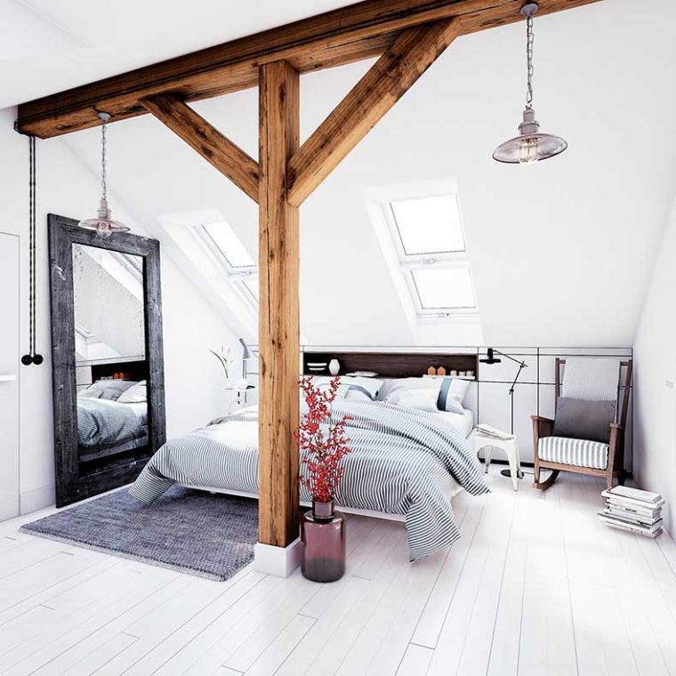 dekorációs ötlet felnőtt hálószoba skandináv design kitett fagerendák