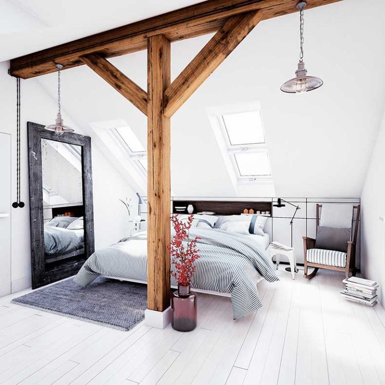 idea di decorazione camera da letto per adulti design scandinavo travi in ​​legno a vista