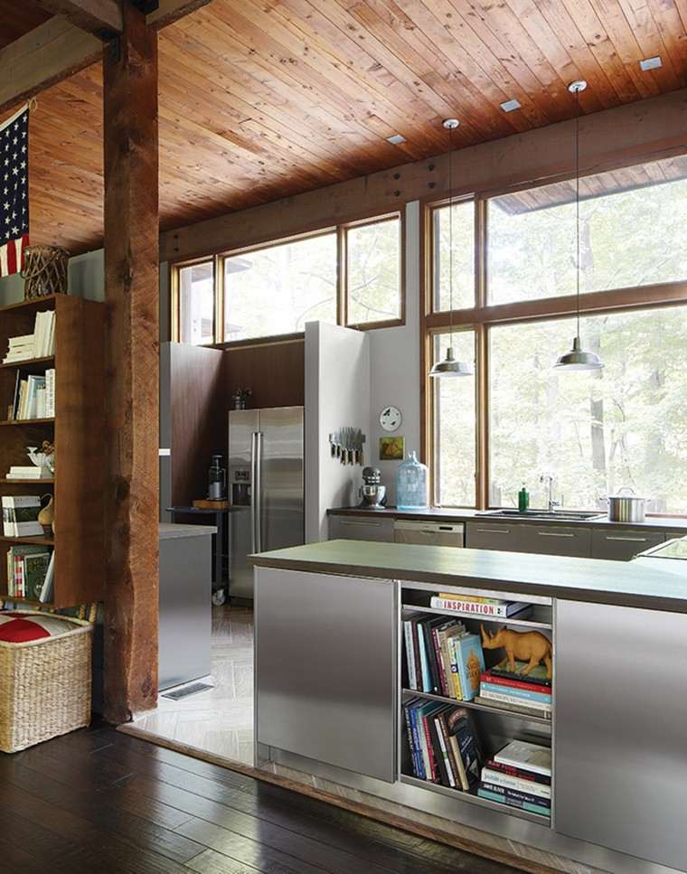 Deco aperto cucina americana isola bar idea soffitto in legno