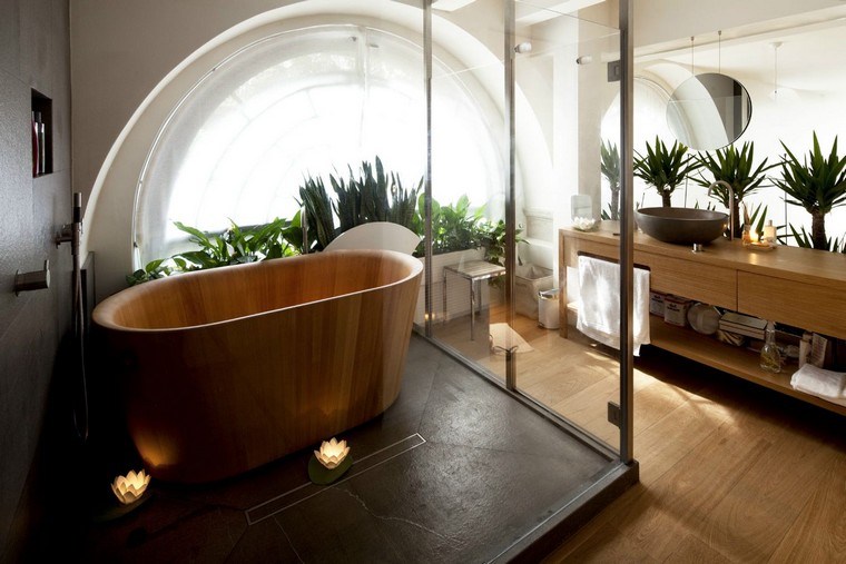 fürdőszoba tervezési ötlet fa kád munkalap fürdőszoba dekorációs növények