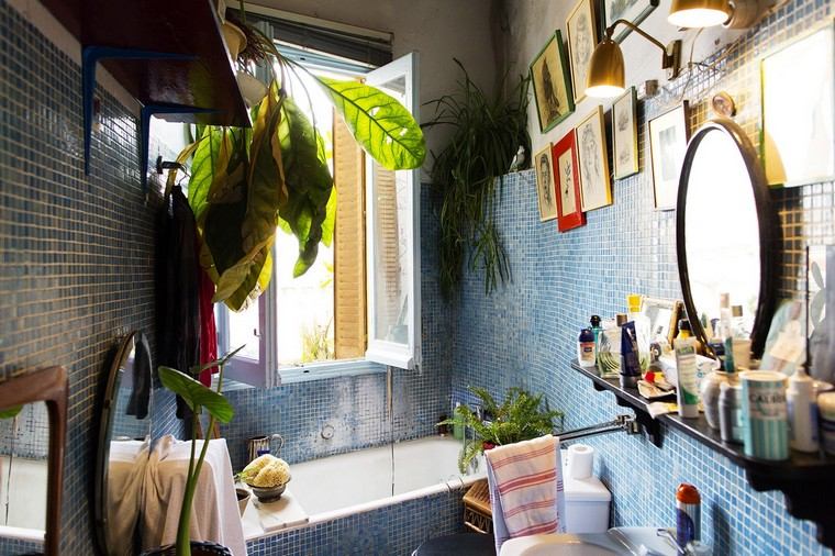 Fürdőszoba deco növény belső ötlet csempe
