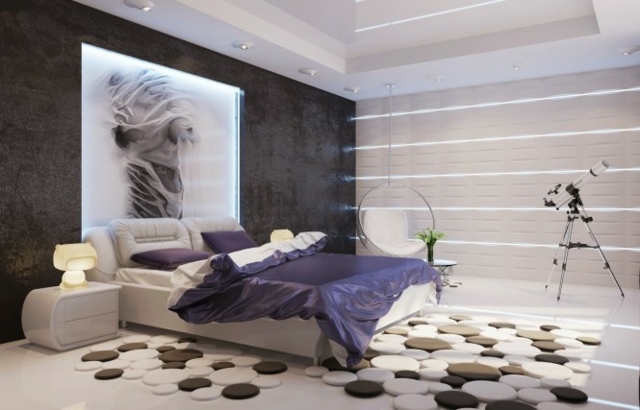 hálószoba dekorációs ötletek-természetes-színek-tapéta-sötétszürke-vászon-ágy-lila-design-szőnyeg-LED-világítás hálószoba dekorációs ötletek