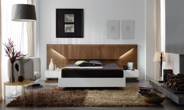 hálószoba dekorációs ötletek-természetes-színek-fehér-falak-asztali lámpa-elegáns-bézs-barna-szőnyeg-fej-ágy-fa hálószoba dekorációs ötletek