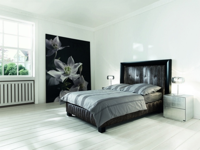 ideje za dekor spavaće sobe-prirodne boje-bijele-zidove-dekor-crno-bijelo-cvijeće-lan-lir-svijetlo siva