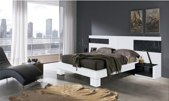 miegamojo dekoro idėjos-natūralios spalvos-sieninis gultukas-pilka-galvos-lova-pilka-balta-lova-rėmas-baltas miegamojo dekoravimo idėjos