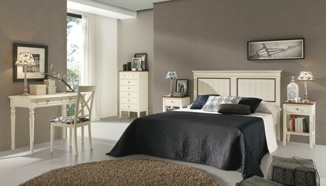ideje za dekoraciju spavaće sobe-prirodne boje-zidove-bež-tepih-crnu-deku-bijeli-namještaj-spavaće sobe za ukrašavanje-ideje