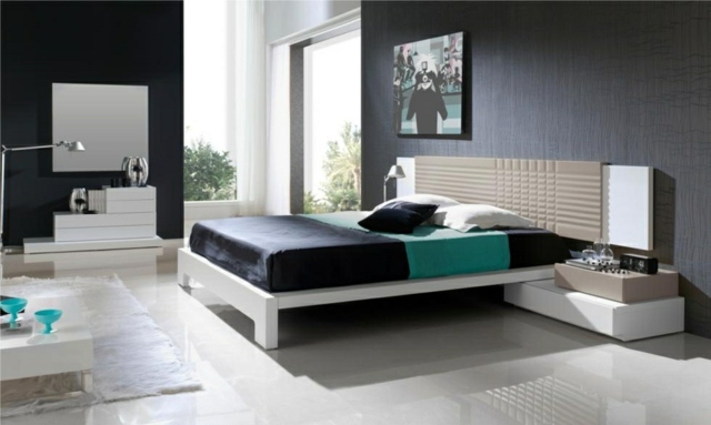 miegamojo dekoro idėjos-natūralios spalvos-tamsiai pilkos sienos-juoda-smėlio-balta-galvos-lovos-patalynė-lova-turkio-juoda