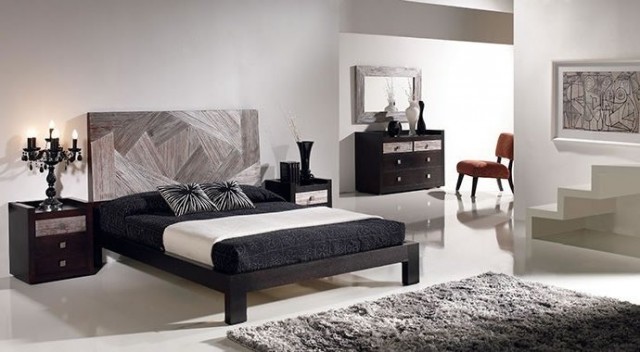 miegamojo dekoro idėjos-natūralios spalvos-baltos sienos-pilka-galvūgalis-pilkas-kilimas-tamsaus medžio baldai
