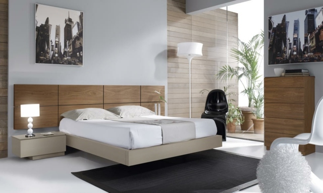 ideje za uređenje spavaće sobe-prirodne boje-bijele-zidove-uzglavlje-drveni-tepih-crna-crna-stolica-stol ideje za uređenje spavaće sobe