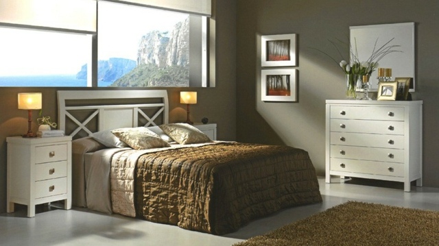hálószoba dekorációs ötletek-természetes-színek-bútor-készlet-fehér-szőnyeg-ágynemű-ágy-szín-sötét-bézs