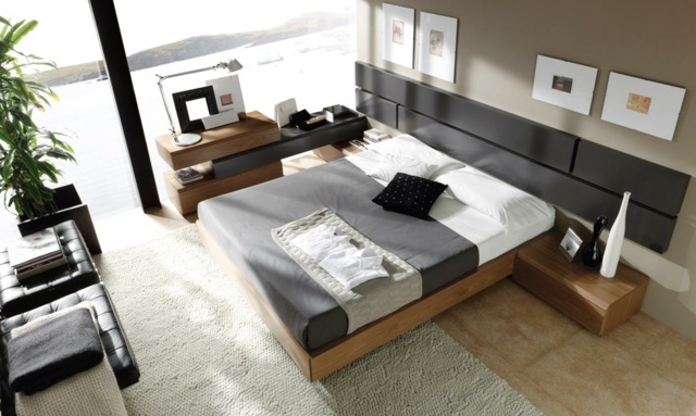 hálószoba dekorációs ötletek-természetes-színek-fekete-fejtámla-bútor-elegáns-fa-szőnyeg-fehér