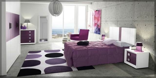 miegamojo dekoro idėjos-natūralios spalvos-pilkos sienos-betono-išvaizdos akcentai-lino-lova-minkšta-alyvinė miegamojo dekoro idėjos