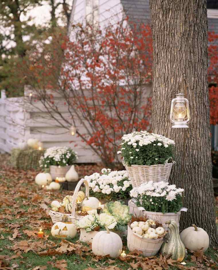 rudens dekoro idėjos su moliūgais ir gėlėmis
