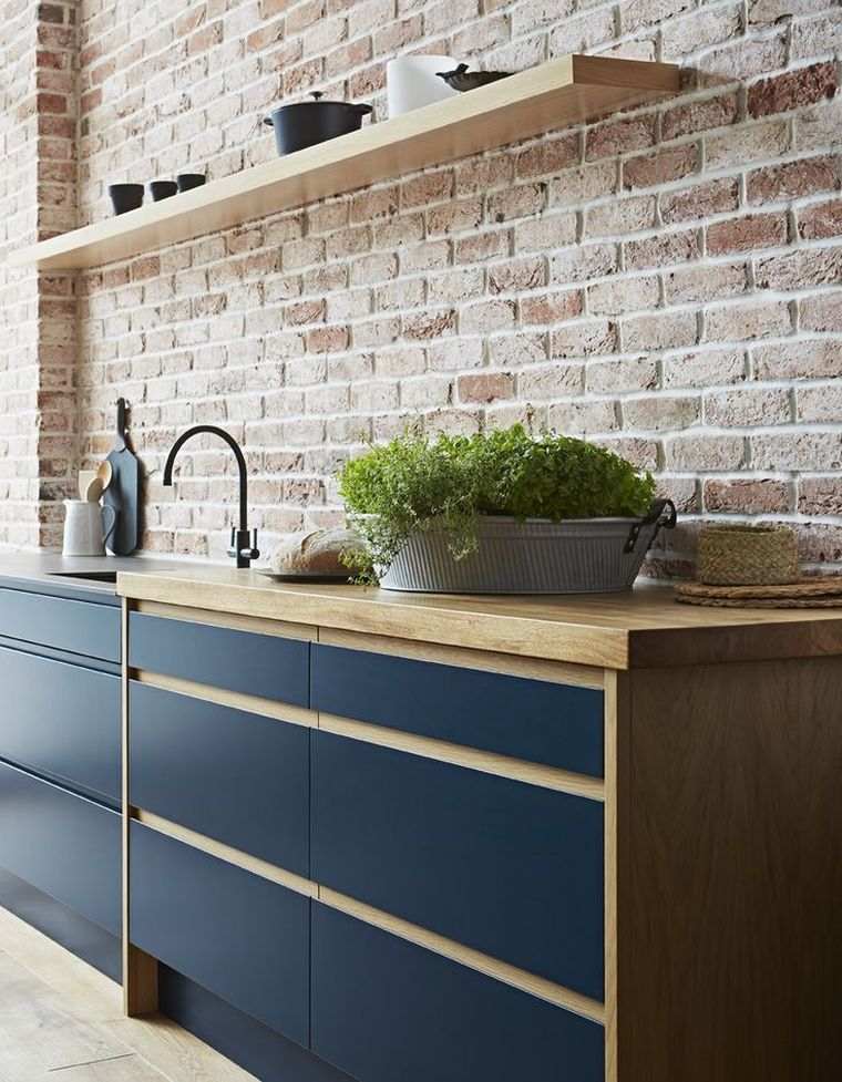 arredamento cucina muro di mattoni blu pinterest