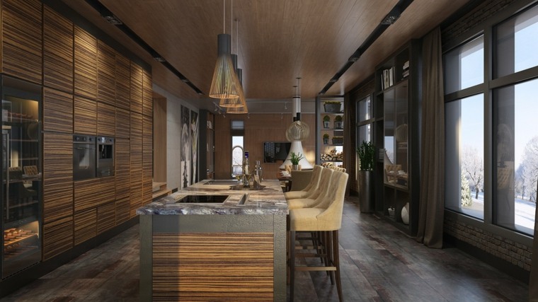 Immagine del layout dell'isola in legno della cucina con foto di design della casa