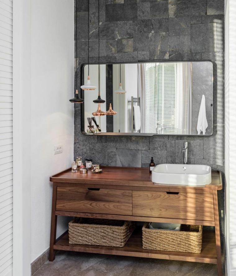 Viduržemio jūros stiliaus vonios kambario spintelė medžio dizaino idėja veidrodžio siena ofist dizaino studija Stambulas Turkija