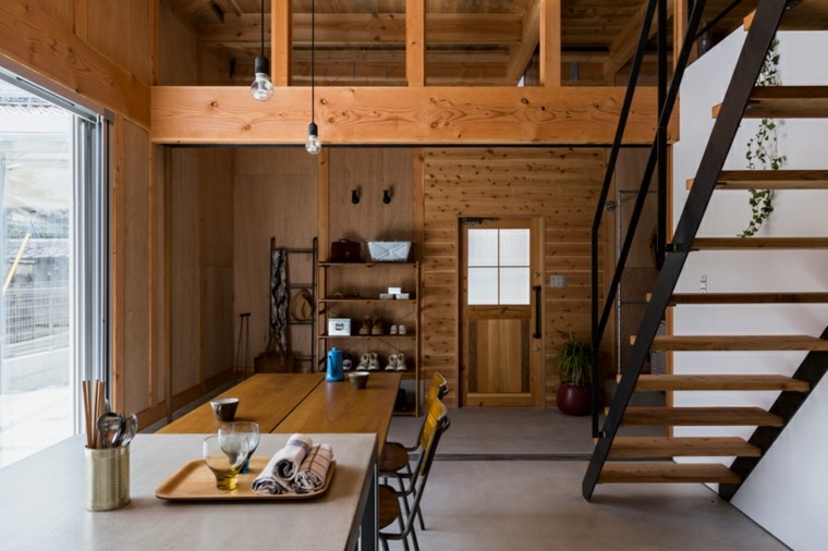 šiuolaikinio namo dizaino medžio pramoninio stiliaus laiptai medžio stalo medžio dizaino alts dizaino studija ishibe japonija
