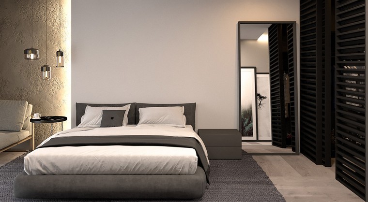 moderni pilkai smėlio spalvos miegamojo interjero dizaino šviestuvo idėja