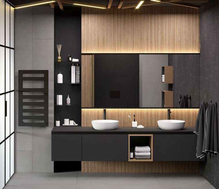 moderna kupaonica interijer sivo drvo moderna rasvjeta umivaonik