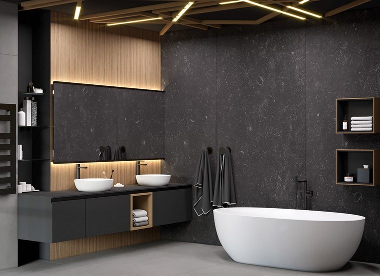 Ideja za dizajn kade umivaonika osvjetljavajući sivi zid