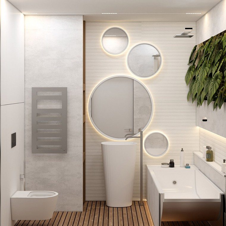vonios kambario dizainas vertikali sodo siena madinga idėja medinis grindų apvalus veidrodis