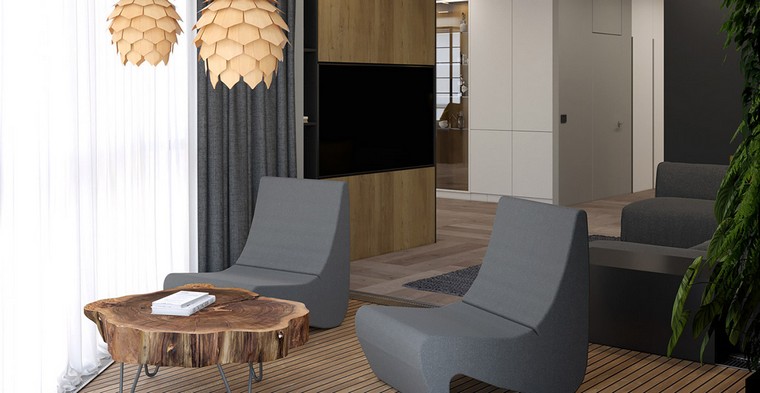modernaus interjero dizaino pilkas svetainės fotelis kavos staliukas pakabinamas šviestuvas