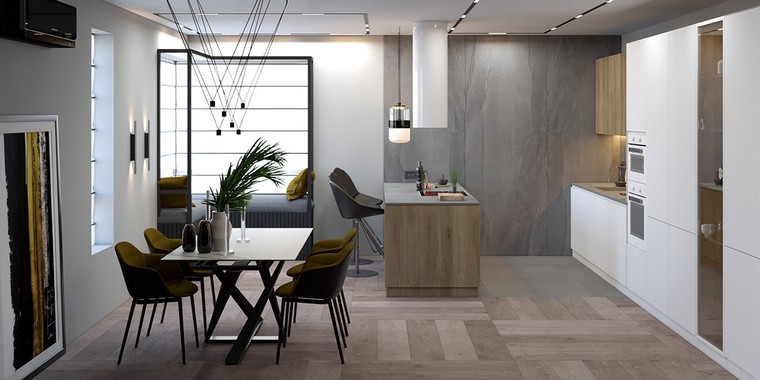 Tavolo da pranzo di design moderno grigio per interni sedie lampade