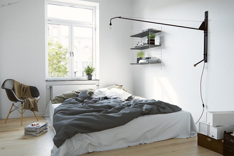 モダンなスカンジナビアデザインのベッドルームベッドクッションベッドチェア棚