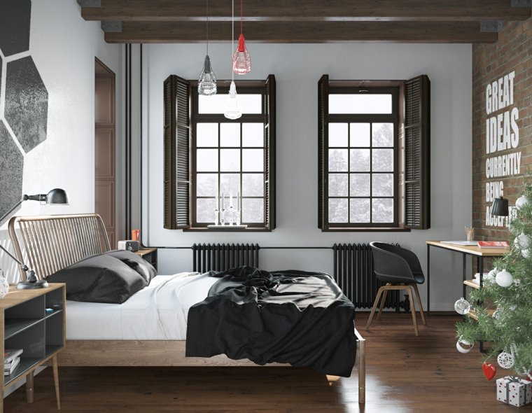 Skandinaviško interjero stiliaus išdėstymo idėjos lova