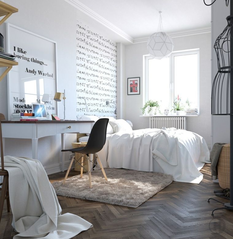 interjeras miegamasis modernus grindų kilimėlis juoda kėdė sienos deko pakabinamas šviestuvas