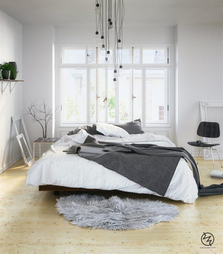 interjero miegamojo dizainas šviestuvas grindų kilimas parketas medžio dizainas
