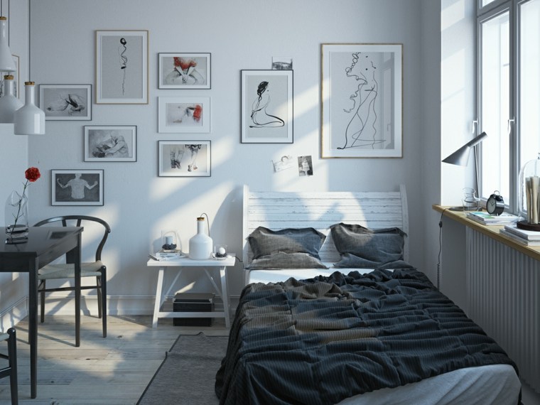 interjeras skandinaviško stiliaus miegamojo lovos rėmas deko sieninis stalas baltas