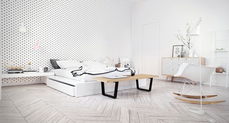 Skandinaviško interjero tapetų šviestuvas baltos lovos suoliuko mediena