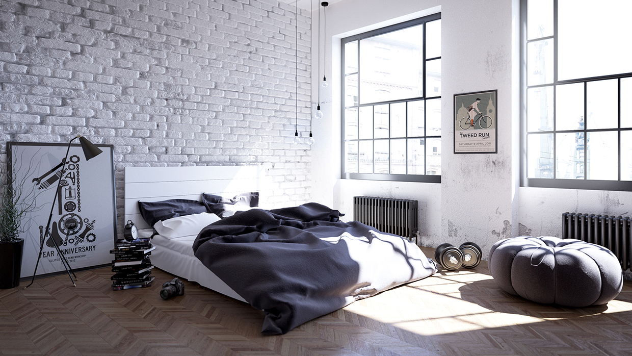 Skandinaviško interjero miegamojo dizainas „scnadinave design michal-morzy“ plytų siena