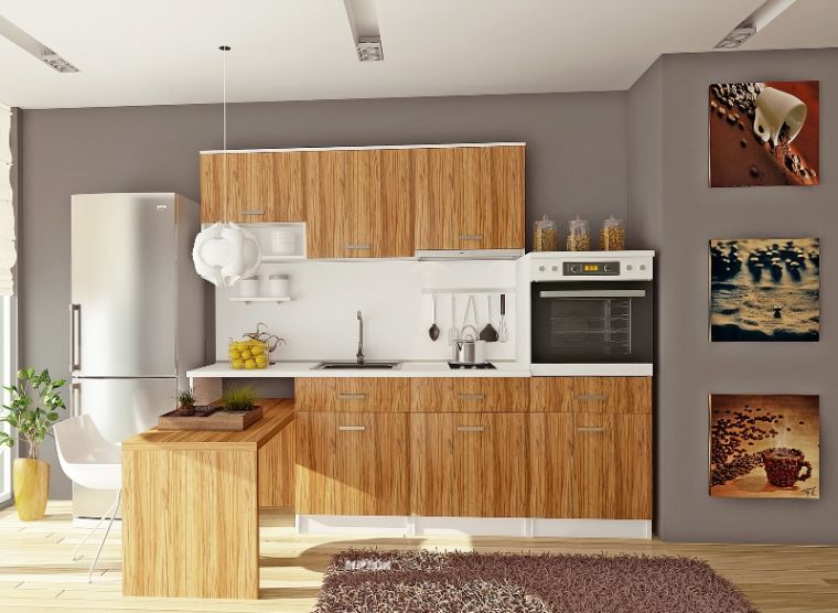 白い原木キッチン-モダン-家具-装飾-小さなスペース
