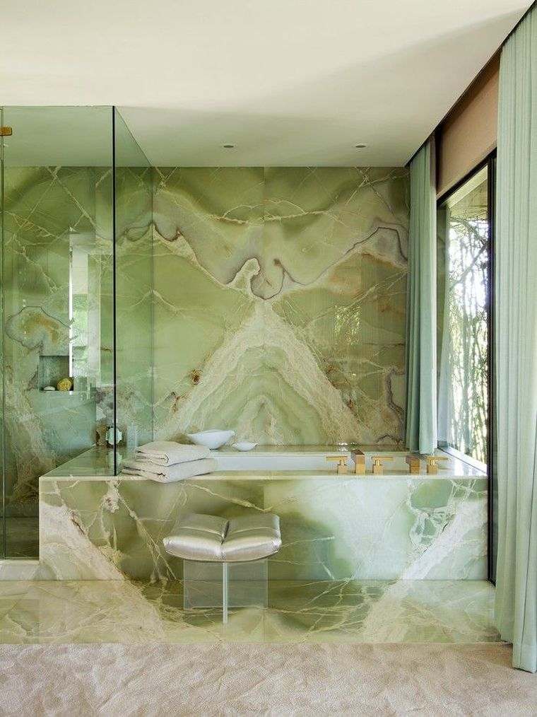 Zöld márvány fürdőszoba dekorációs ötletek kád