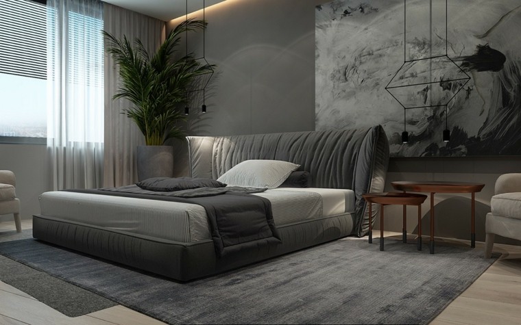 pilka juoda balta dekoravimo idėjos modernus pagrindinis miegamasis