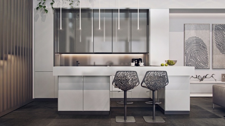 neutralios pilkos spalvos atviros virtuvės nuotrauka