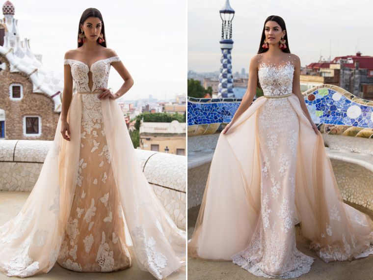 smėlio spalvos du viename konvertuojama nėrinių vestuvių suknelė