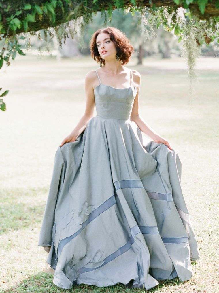 romantico abito da sposa blu-senza spalline