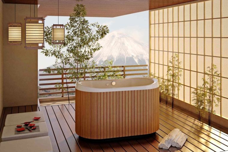 日本のバスルーム禅飾るアイデア木製バスタブ