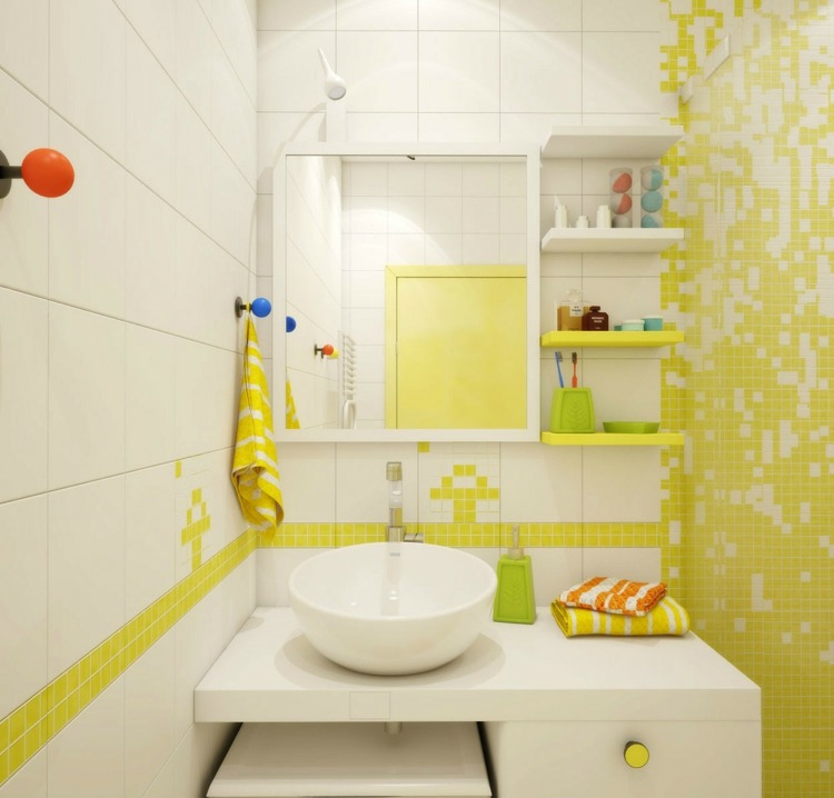 sárga -fehér fürdőszoba dekoráció
