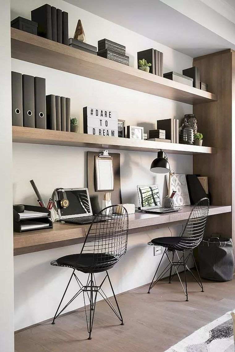 sieninis biuro-medžio-lentynų-mažos erdvės išdėstymas
