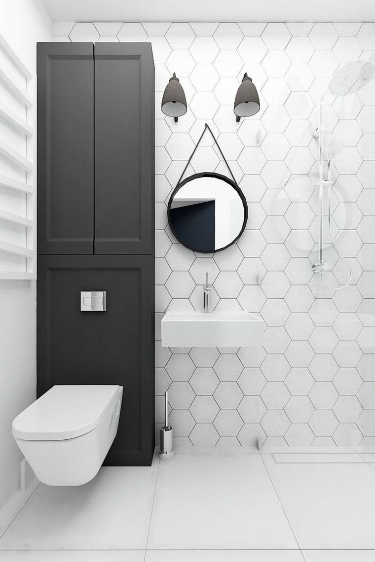 Fehér hatszögletű csempe dekorálja a modern WC -ket