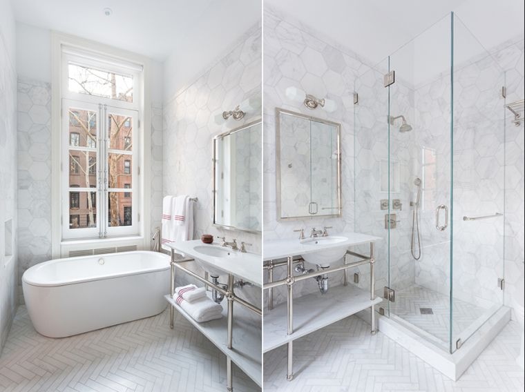 bagno moderno con cabina doccia in marmo con piastrelle esagonali