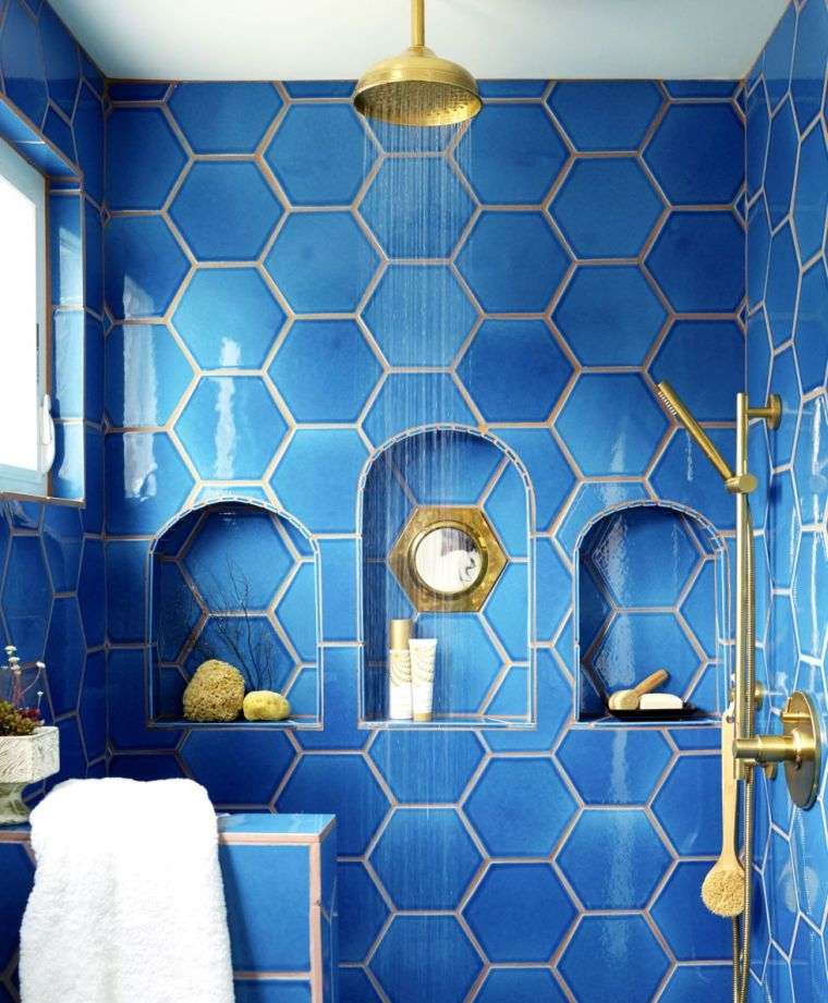 esagonale blu piastrelle in terracotta cabina doccia contemporanea