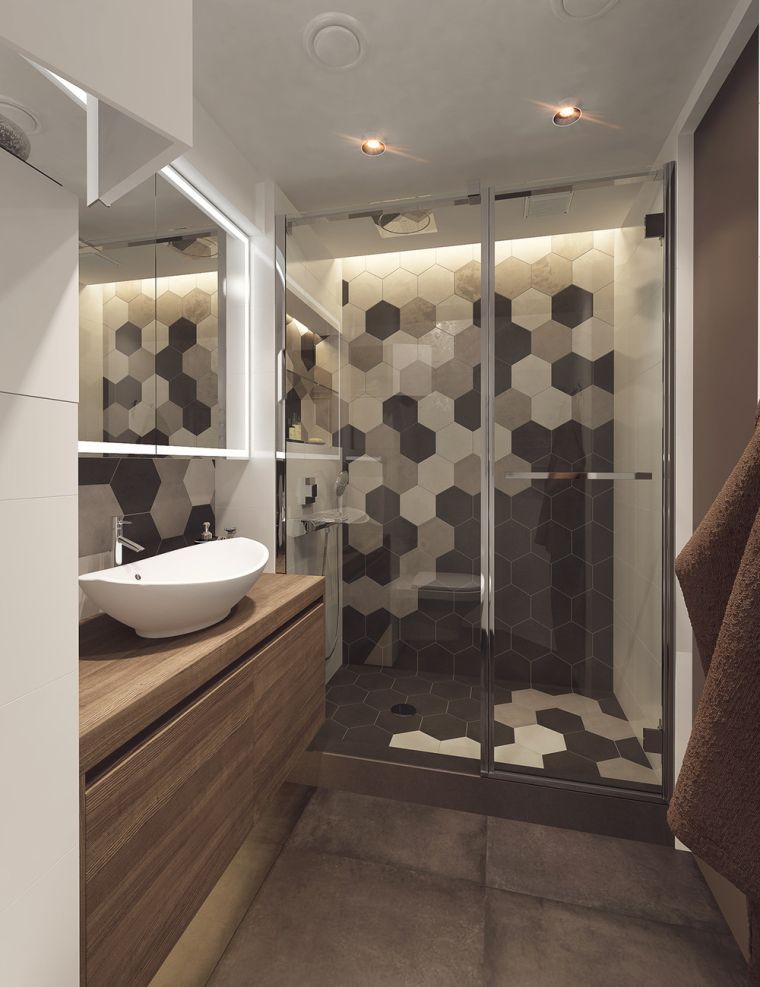 Bézs csempe fürdőszoba fal modern fa mosdó szekrény
