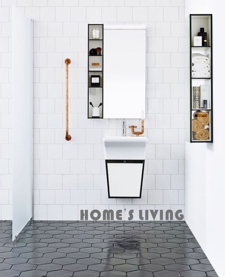 hatszögletű csempe fekete színű fürdőszoba padló fehér fal
