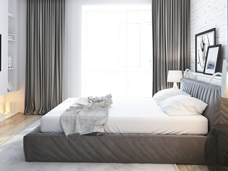 Suaugusiųjų dizaino lovos capitonne modernaus miegamojo plytų siena